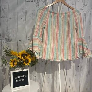 Solitaire Bohemian Striped Shirt Size M Bell Sleeves Preowned
